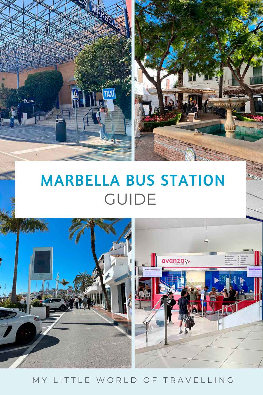Pinterest pin that reads "Marbella Bus Station" guide and shows pictures of Marbella bus station, Puerto Banus and Plaza de la Victoria.