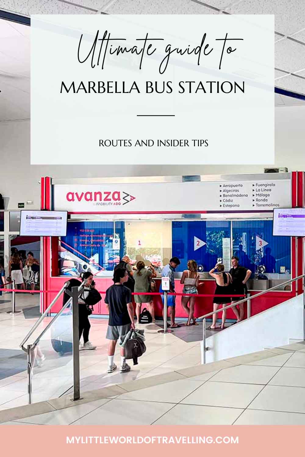 Pinterest pin that shows a photo of the ticket office at Marbella bus station.