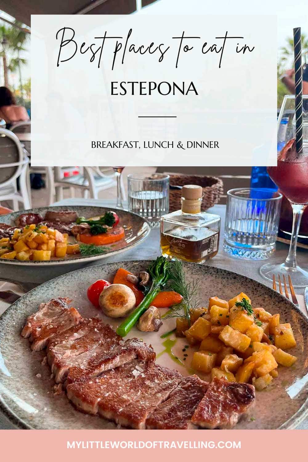 Where to Eat in Estepona (My Top Recommendations) 25 Pinterest pin that shows a plate with grilled red tuna and vegetables.