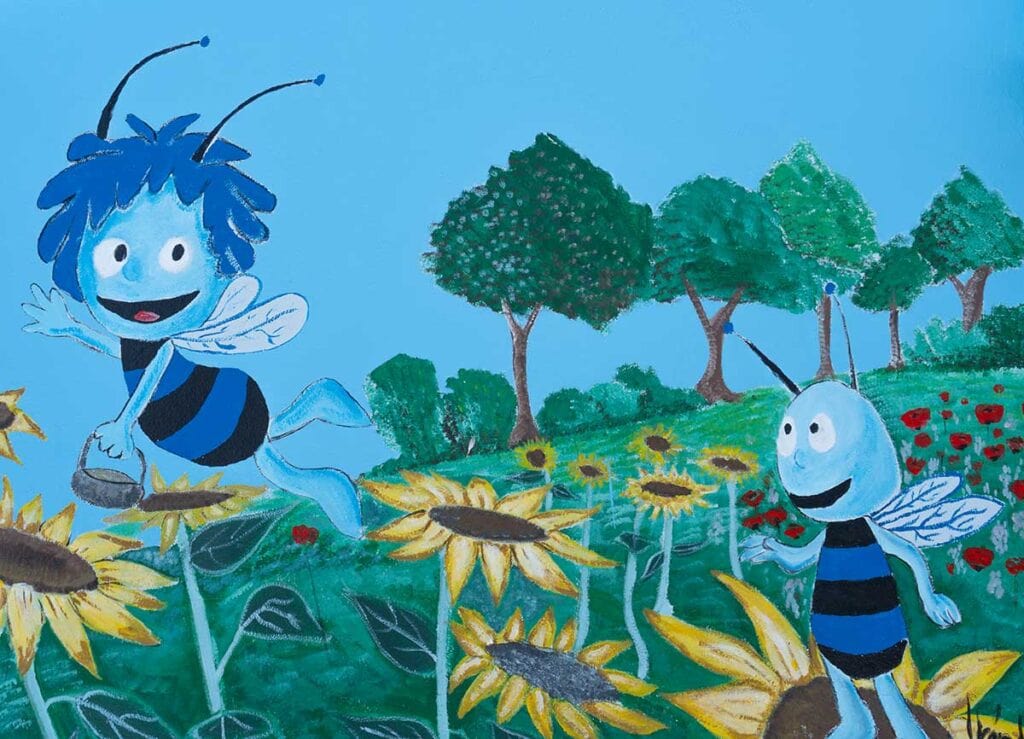 Things to Do in Juzcar, The Blue Village in Malaga 8 Bees flying over sunflowers painting in Juzcar, Malaga.