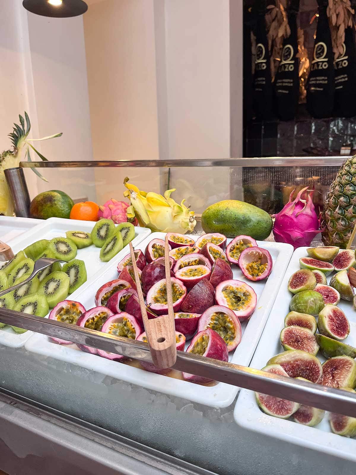 Fresh fruits like passion fruit, figs and kiwi at the breakfast buffet in Nobu Marbella.