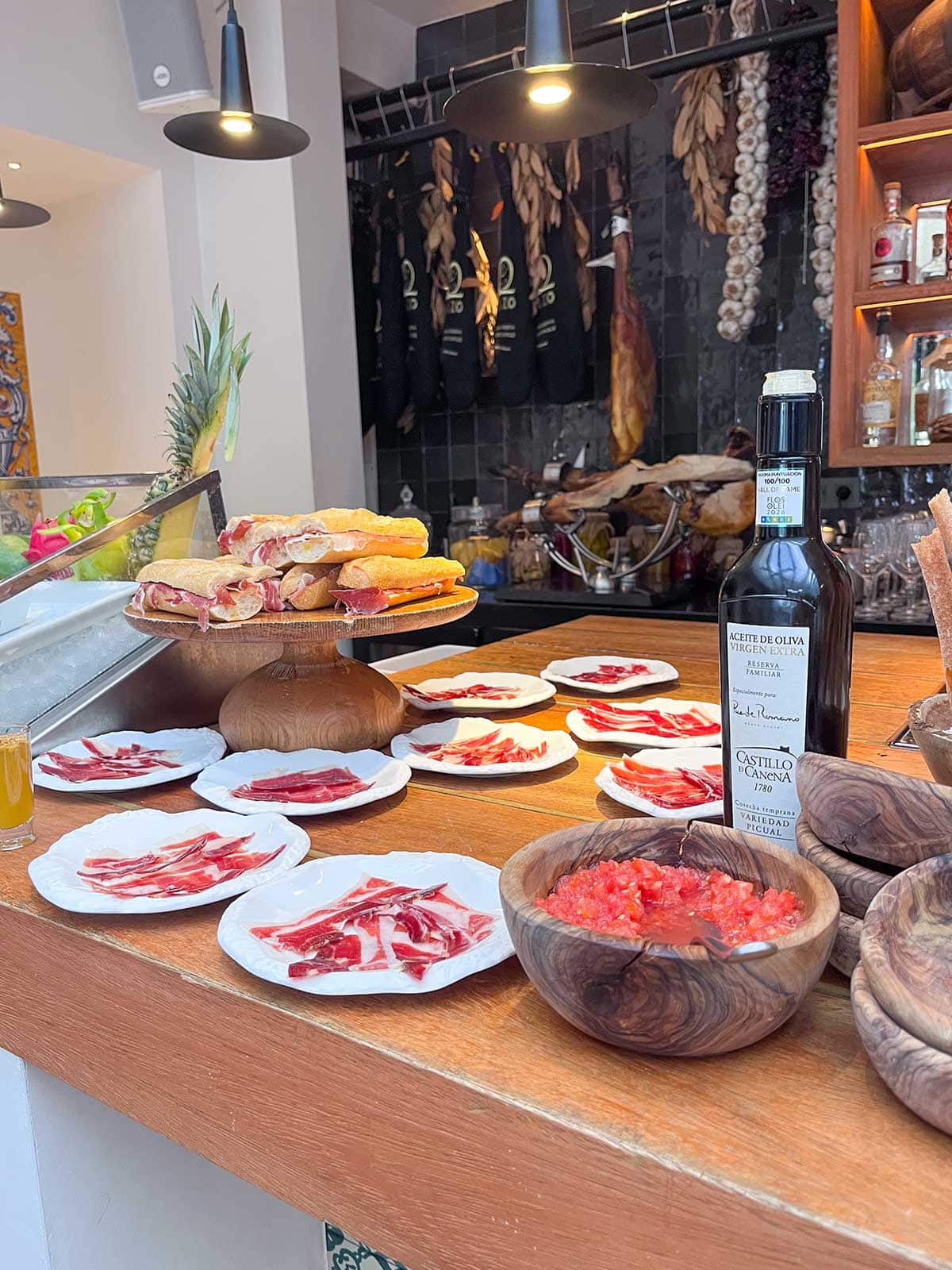 Iberian ham sandwiches at the breakfast buffet in Nobu Hotel Marbella.