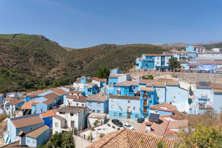 Panoramic view of the blue village, called Juzcar, in Malaga, Spain.