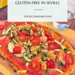 Pinterest pin that shows a gluten-free pizza with salmon, cherry tomatoes and courgette.